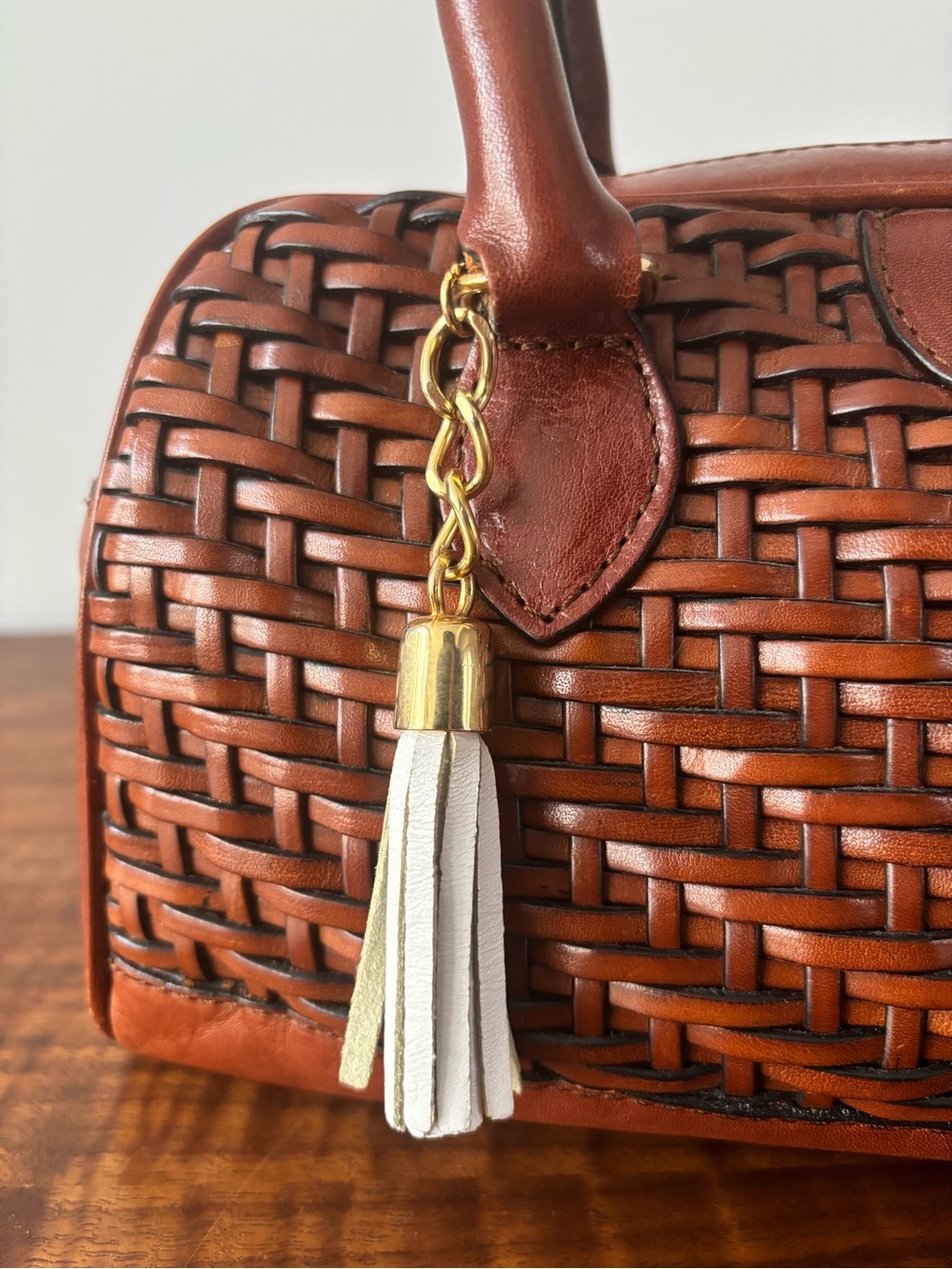 Etienne Aigner Brown Woven Leather Shoulder Bag Two Handle Tassel Charm - Picture 7 of 8